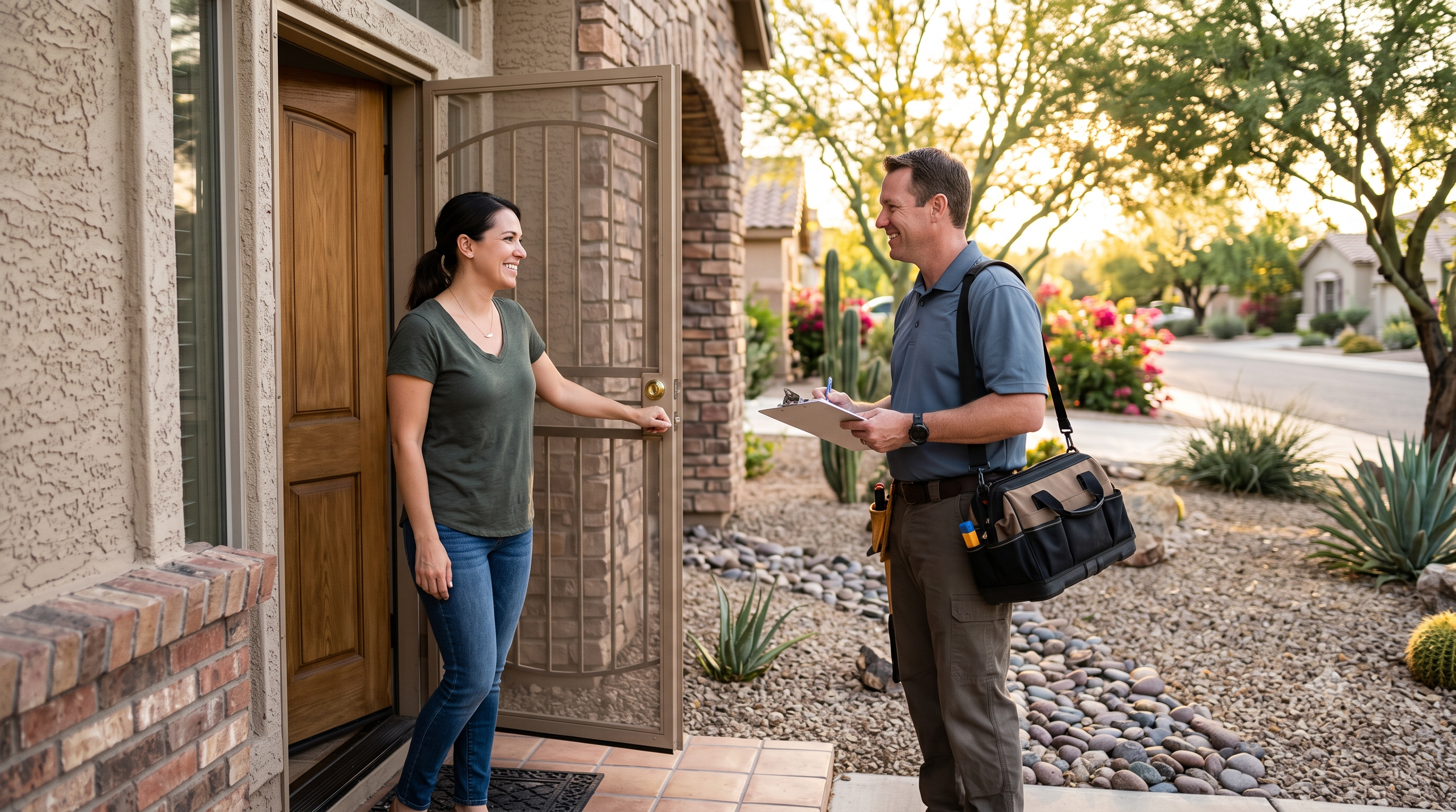 A homeowner greeting a home-service technician at the front door